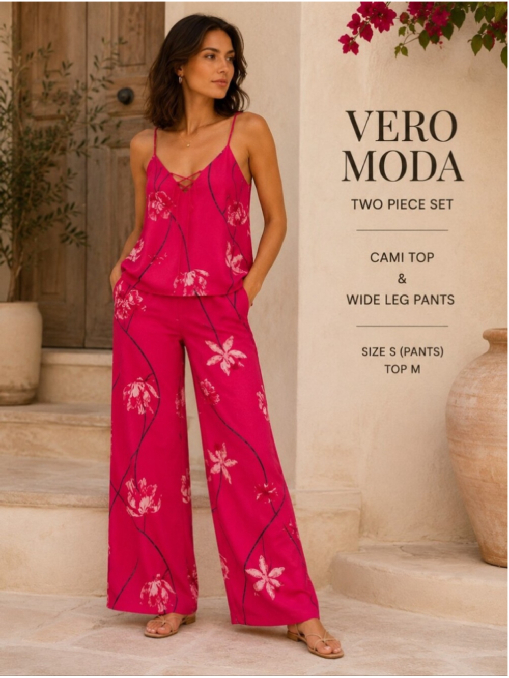 Vero Moda Pink Floral Cami & Wide Leg Pants Set